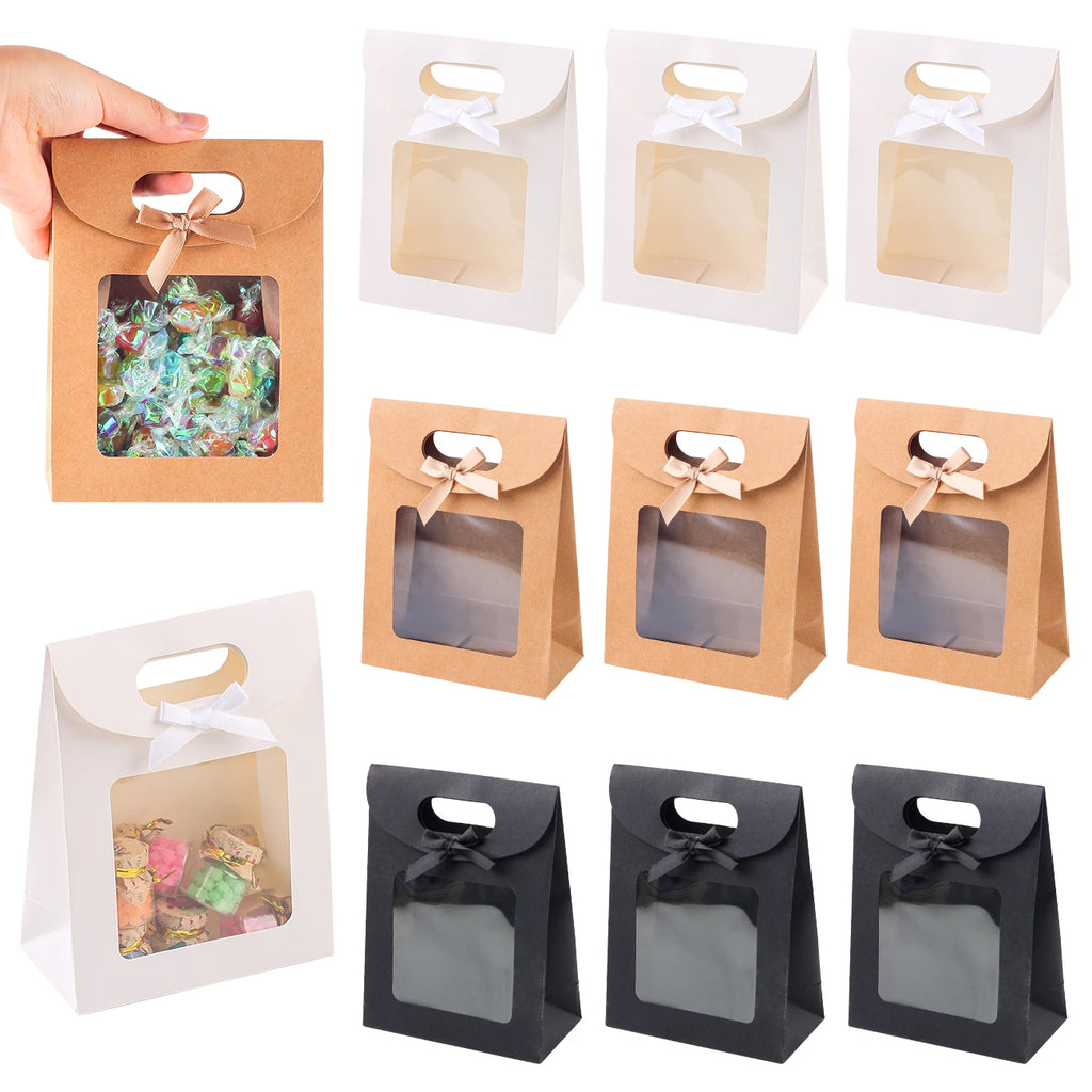 6/12PCS Kraft Paper Bags with Window, Box Reusable Gift Bag for Women, Candy Cookies Packaging Wedding Christmas Party