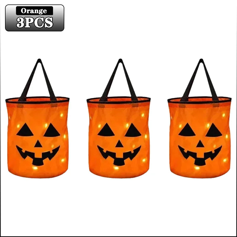 1-20PCS Halloween Pumpkin Tote Bag LED Light Up Handle Reusable Trick or Treat Candy Bag for Kids Party Decor Gift Present