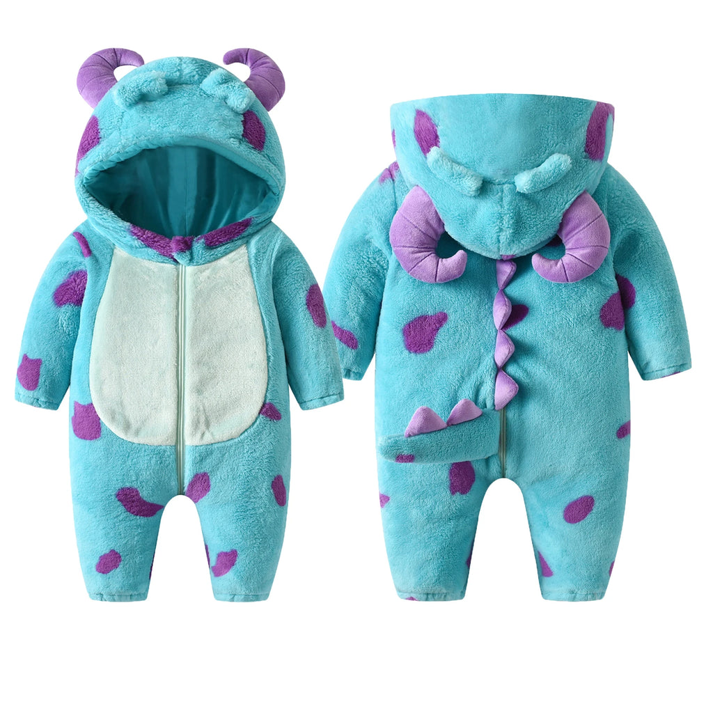 Infant Fleece Jumpsuit Cartoon Animal Horn Hooded Warm Thicken Winter Rompers Outwear Snowsuit for Baby Girls and Boys