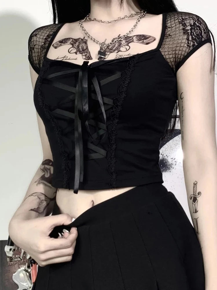 Women's Vintage Gothic T-shirt Bodycon Bandage Lace Black Mesh Top Sexy Casual Gothic Streetwear Female Top