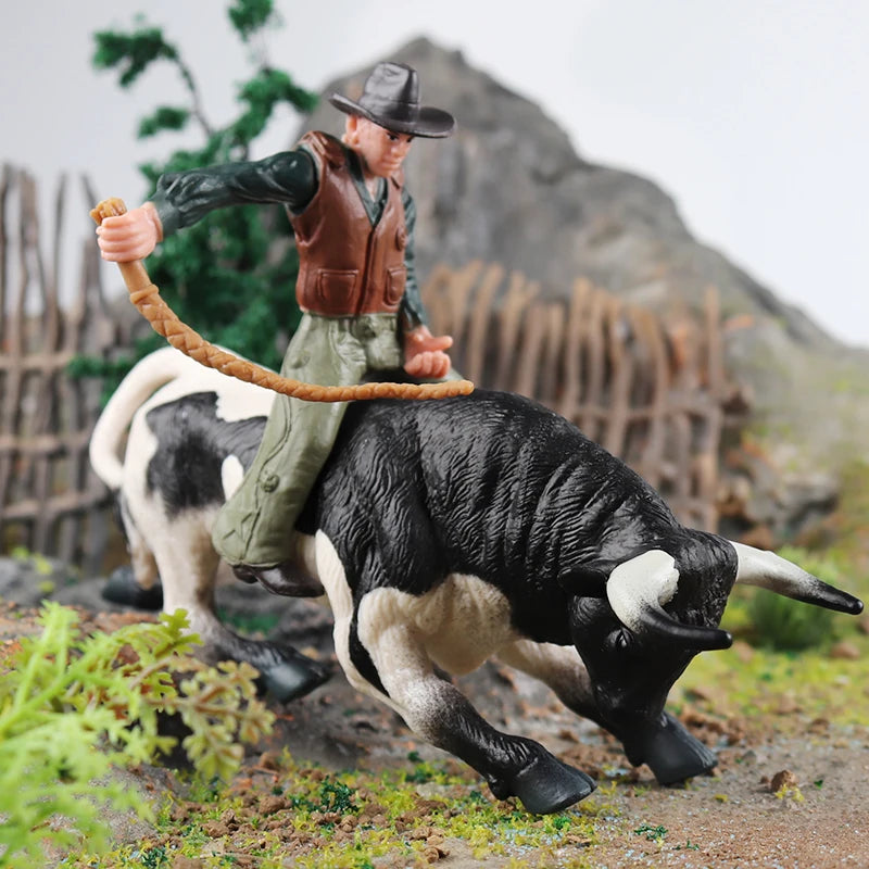 Oenux Farm Animals Bullfighting Cowboy Simulation Poultry Cattle Calf Bull OX Action Figures Collection Pvc Model Toy Kids Gift