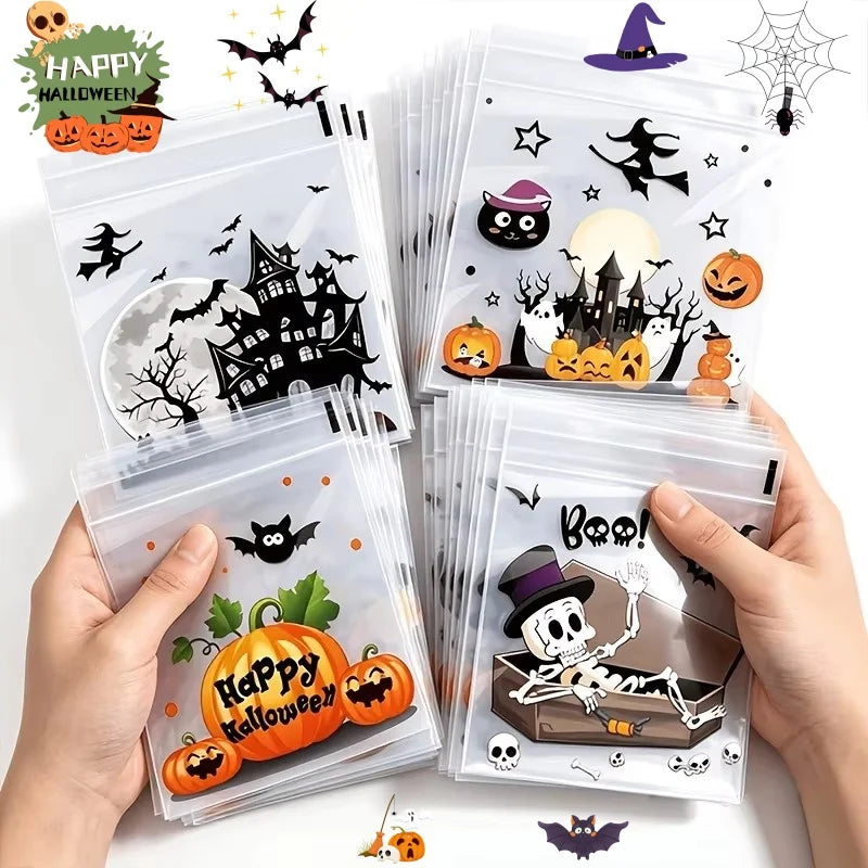 100Pcs Small Halloween Treat Bags,Clear Self Adhesive Candy Bags, Plastic Cookie Bags for Trick or Treat, Halloween Goodie Bags