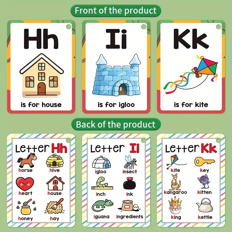 Alphabet Phonics Flash Cards for Toddlers Kids - English Letter Learning Educational Toys Preschool ABC Vocabulary Flashcards