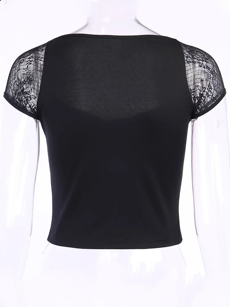 Women's Vintage Gothic T-shirt Bodycon Bandage Lace Black Mesh Top Sexy Casual Gothic Streetwear Female Top