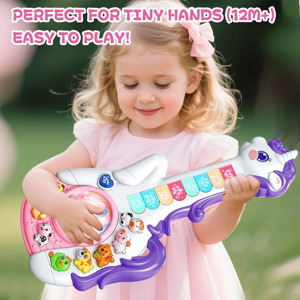 Children's Electronic Guitar, Baby Piano with Animal Sounds, Color Recognition,Lights & Melodies Educational Toy, Green Giraffe