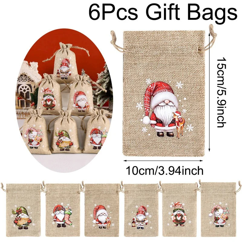 6pc Christmas Linen Drawstring Bags Burlap Gift Bags Candy Biscuits Pouchs for Home Decor 2025 Xmas Navidad Noel Gift Packaging