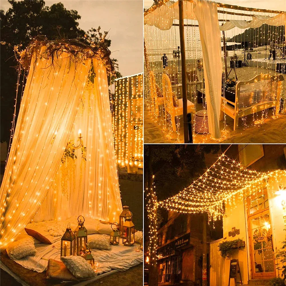 Outdoor Solar Curtain Light 3x3M 300Leds Holiday Decorations Garland 8 Modes Halloween Christmas Party Decor String Lights