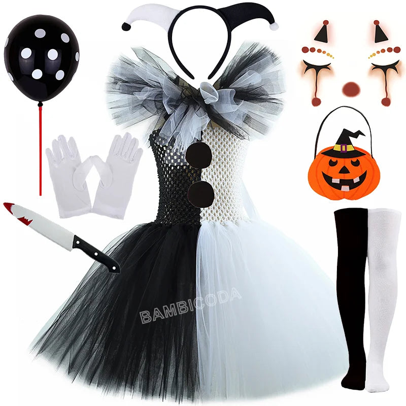 Girls Black White Horror Clown Tutu Dress Costume