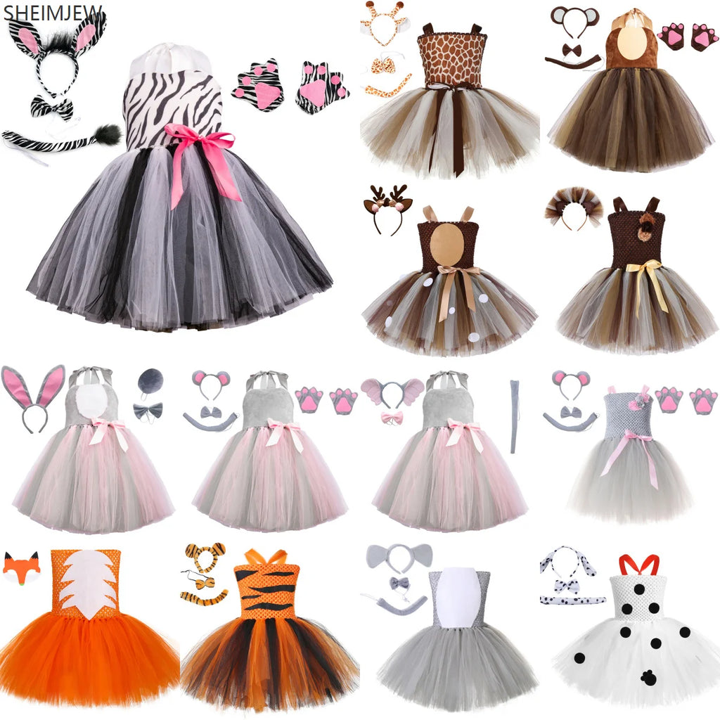 Cute Girls Jungle Theme Animal Costume Elephant Zebra Gray Wolf Suit Dress Halloween Baby Birthday Party Gorgeous Princess Gift