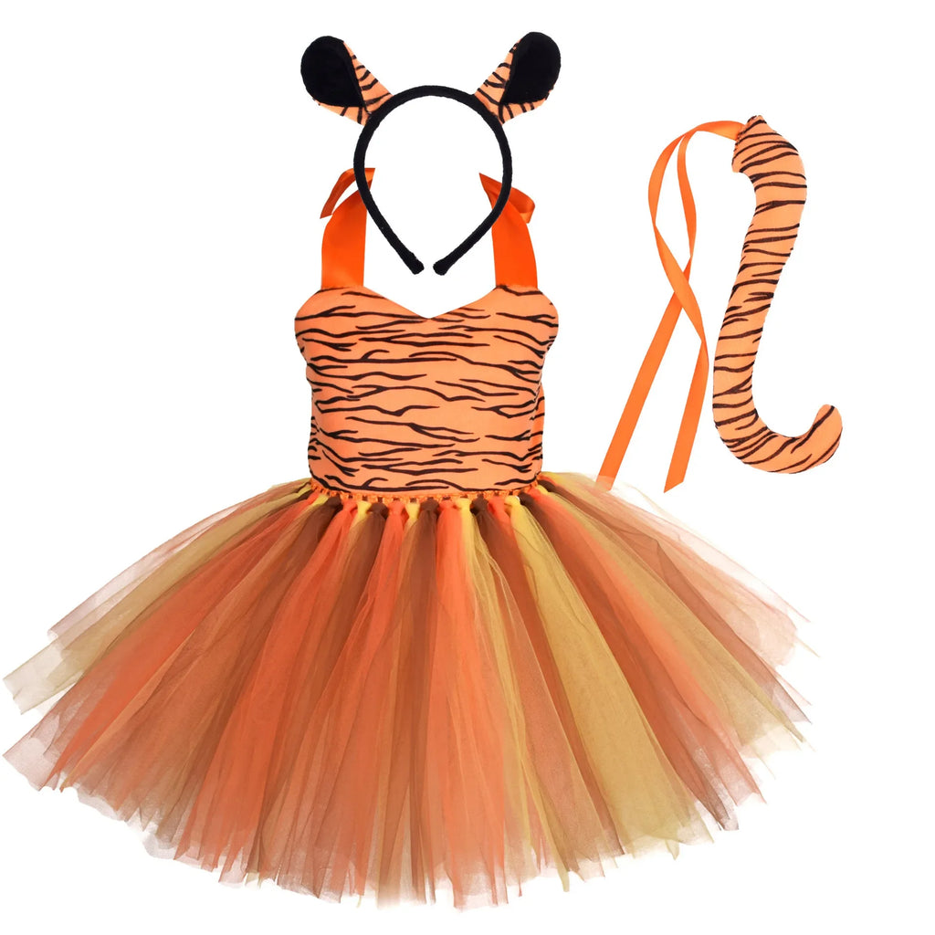 Baby Girls Halloween Animal Cosplay Costume Kids Forest Theme Giraffe Cows Tiger Leopard Zebra Print Tutu Dress Birthday Party