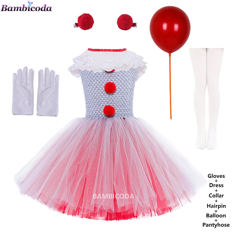 Girls Gray Clown Tutu Dress Halloween Costume