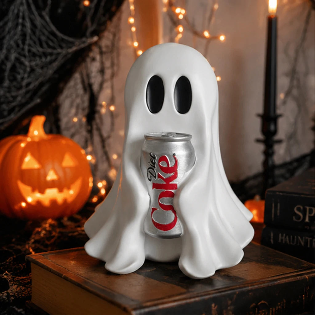 Cute Halloween Ghost Holding Soda Can, Funny Resin Figurine, Spooky Tabletop Decor for Desk Shelf Home Party Gift