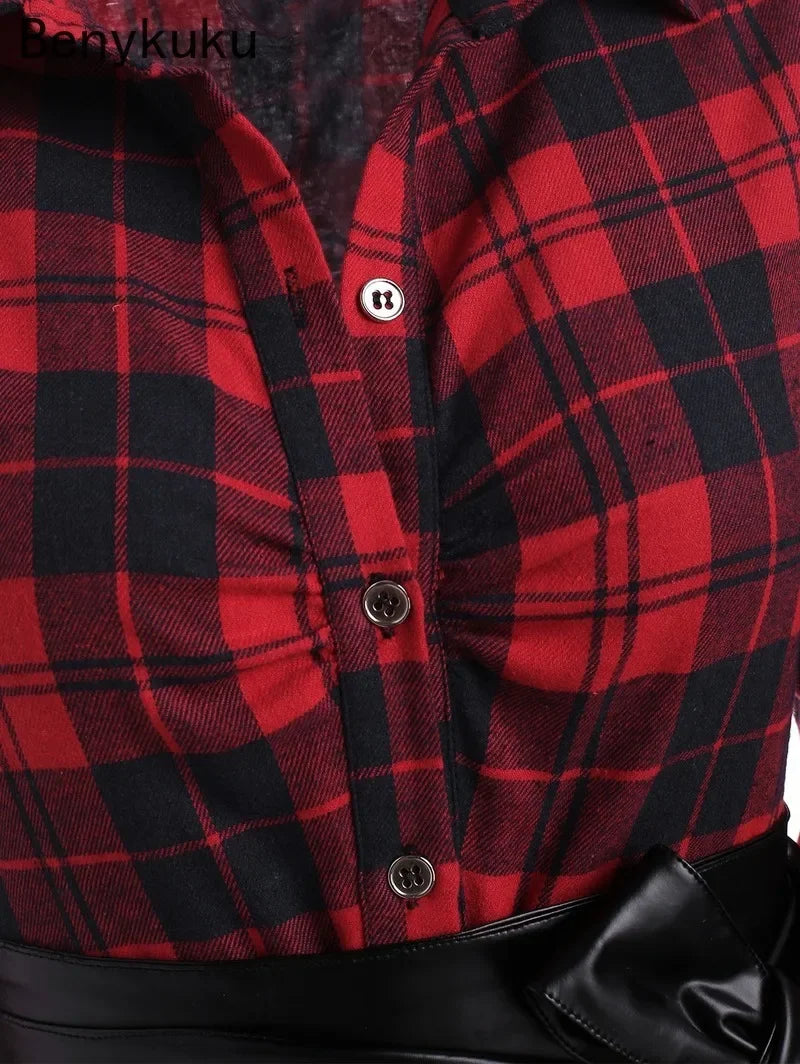 Women Red Plaid Belted Roll Tab Sleeve Handkerchief Dress Grunge Gothic Casual Dresses Vestidos Button Up Long Sleeve Streetwear