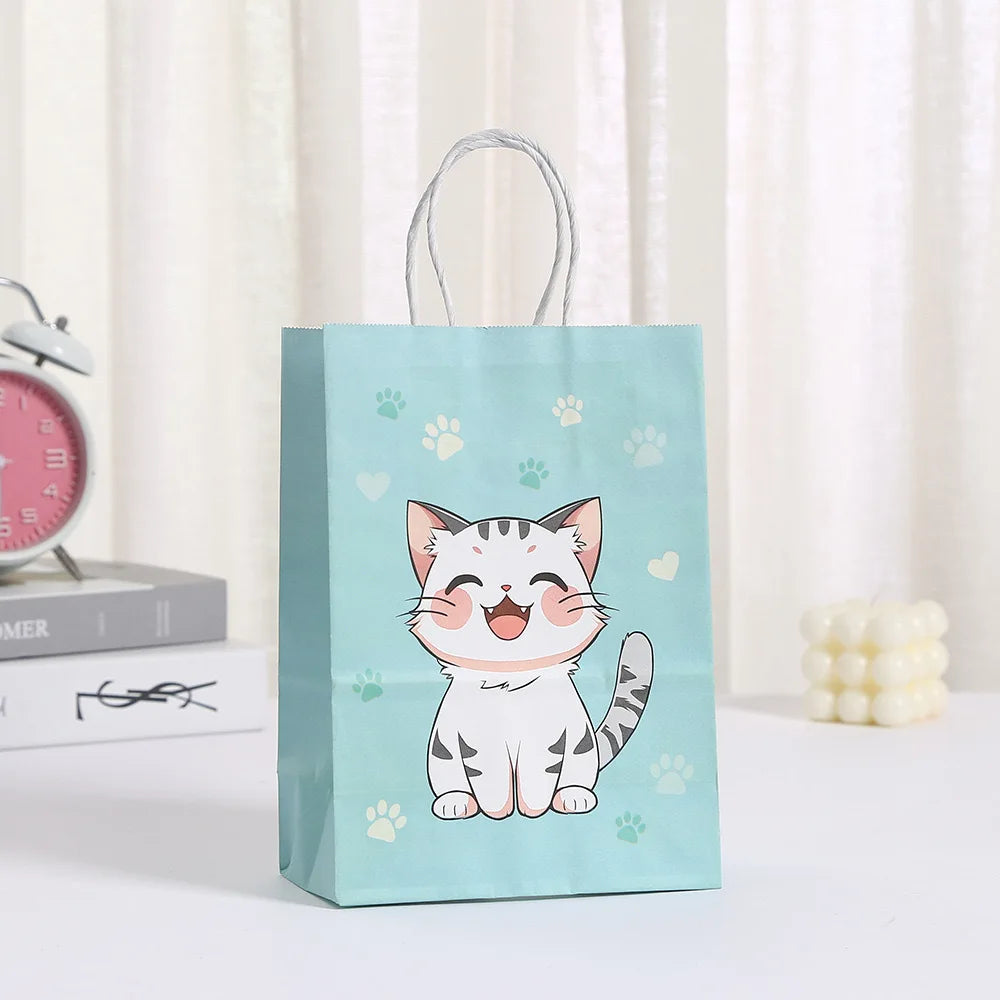 5/30/50pcs Cat Party Gift Bag Cute Kitten Candy Gift with Handle Paper Bag Baby Shower Kids Birthday Kitten Party Decor Supplies