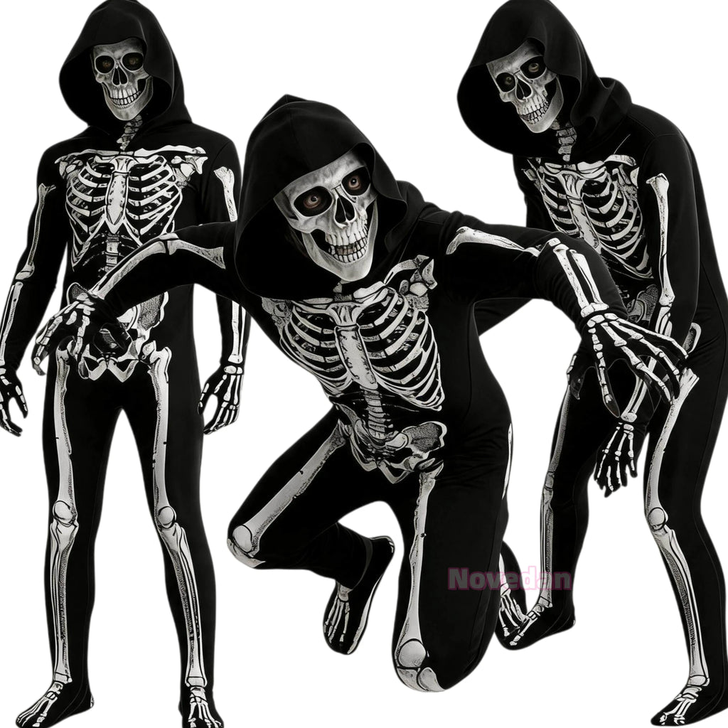 Kids Grim Reaper Skeleton Hooded Jumpsuit Costume