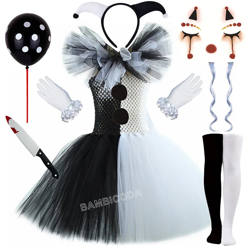 Girls Black White Horror Clown Tutu Dress Costume