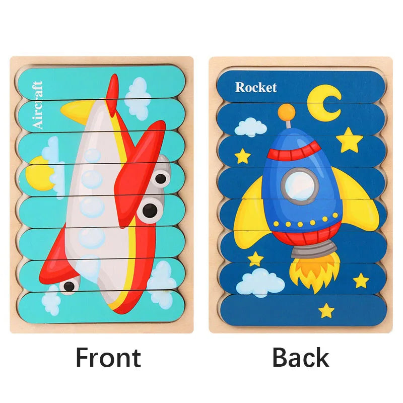 Cartoon Animal Double-sided Strip Wooden Puzzles Kids Montessori Jigsaw Game Baby Educational Toys for Children