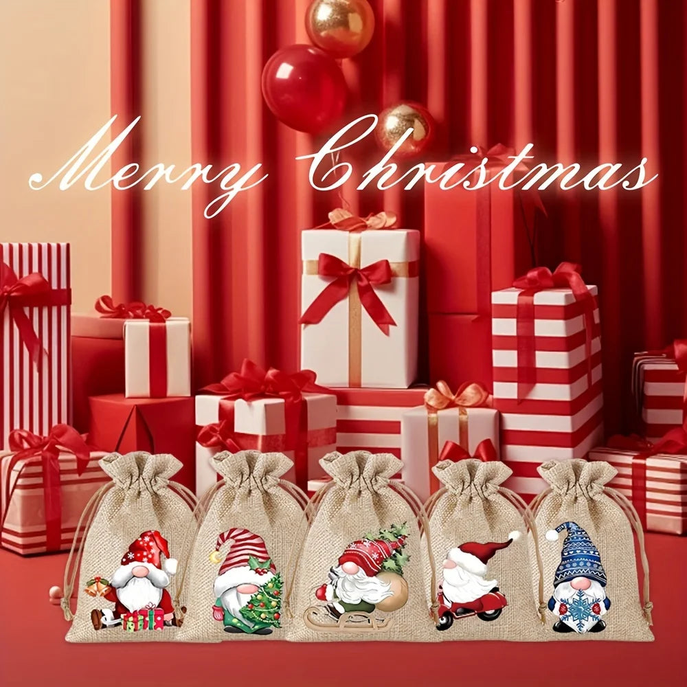 12pcs Set 13*18cm New Christmas Linen Drawstring Gift Bags, Jewelry Gift Bags, Party Drawstring Gift Pouches in Random Patterns