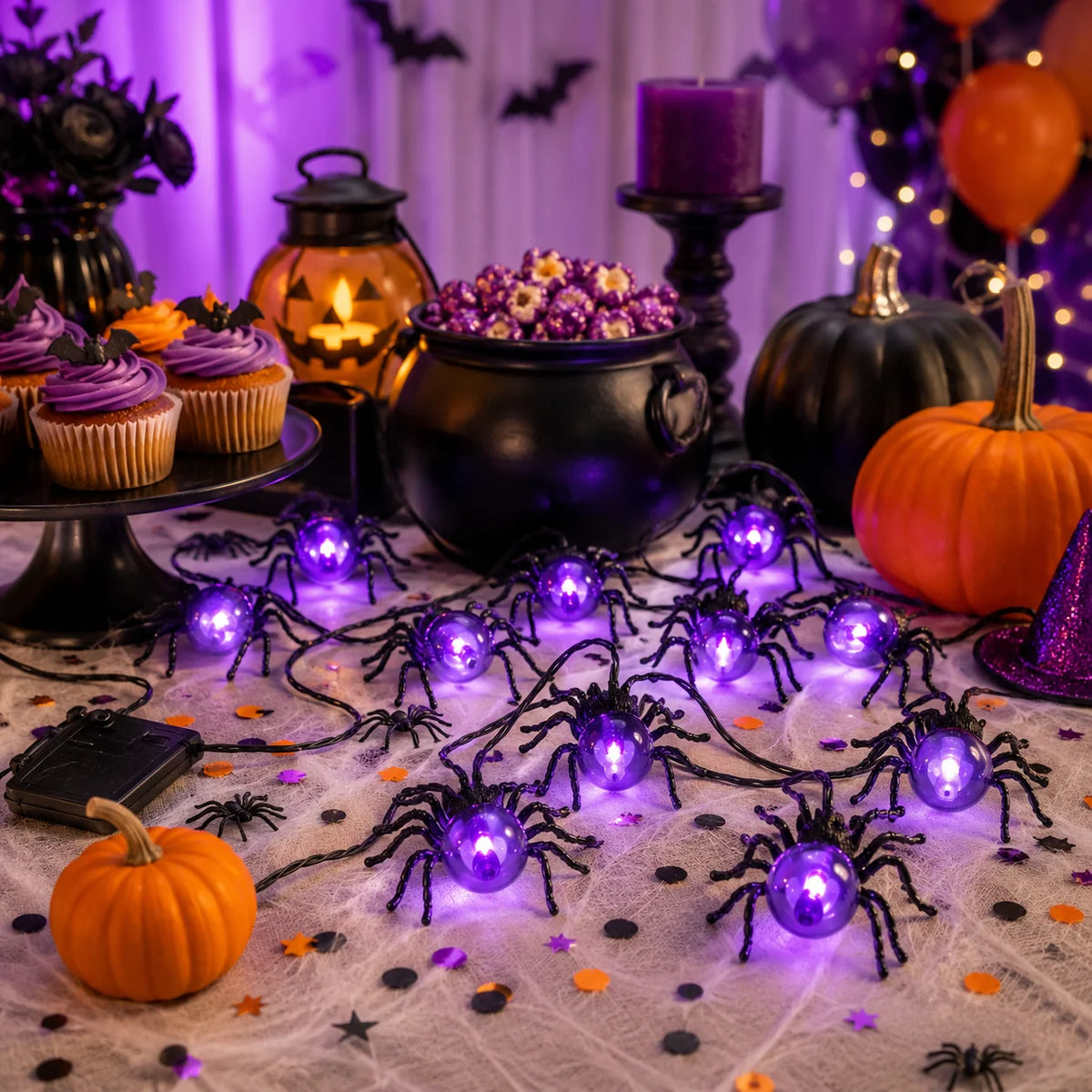 Halloween Lights Spider String Lights Battery Operated 5.2M 15LED Purple Fairy Garland for Porch Window Haunted House Decor