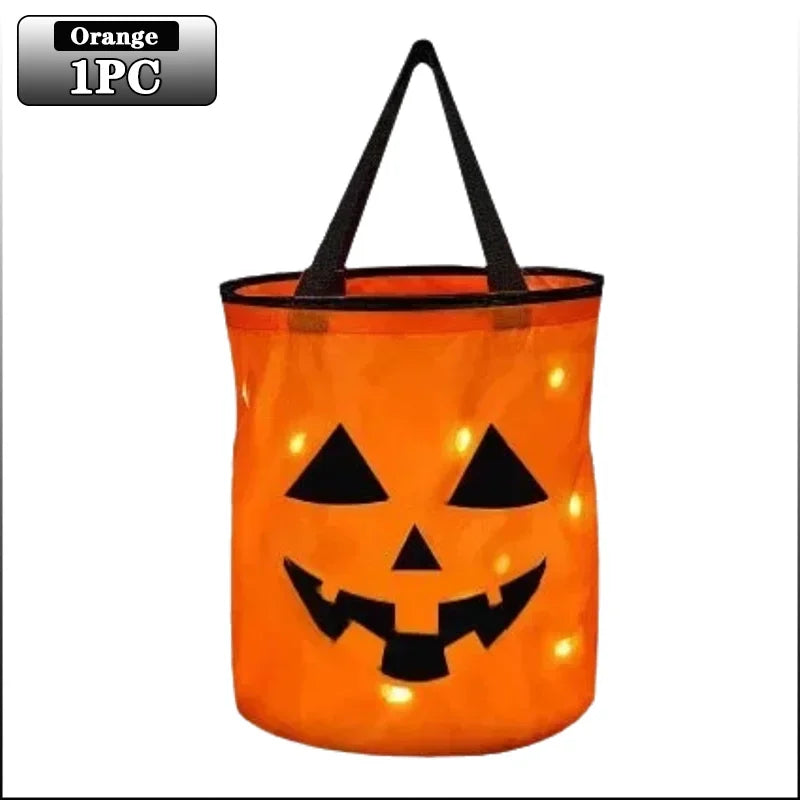 1-20PCS Halloween Pumpkin Tote Bag LED Light Up Handle Reusable Trick or Treat Candy Bag for Kids Party Decor Gift Present