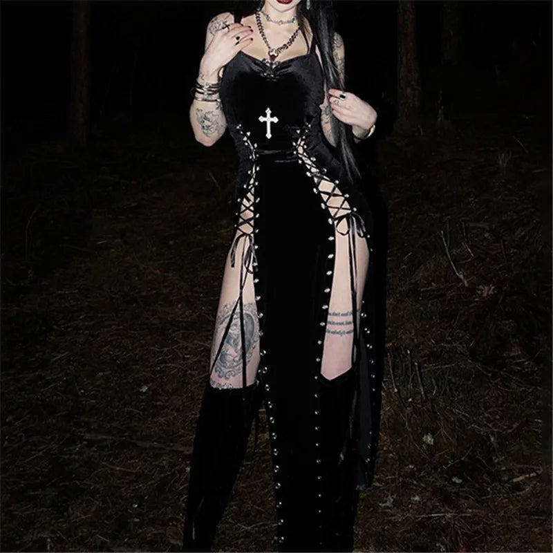 Women’s Gothic Velvet Strappy High-Split Dress
