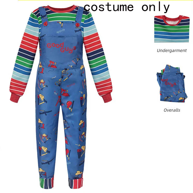 Adult Horror Doll Costume with Striped Shirt & Jumpsuit