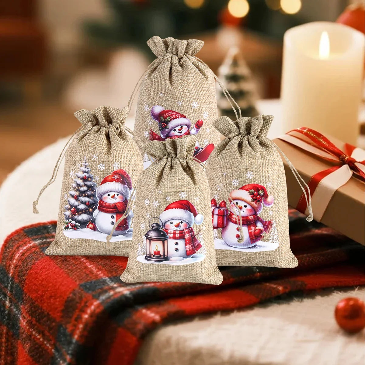 6pc Christmas Linen Drawstring Bags Burlap Gift Bags Candy Biscuits Pouchs for Home Decor 2025 Xmas Navidad Noel Gift Packaging