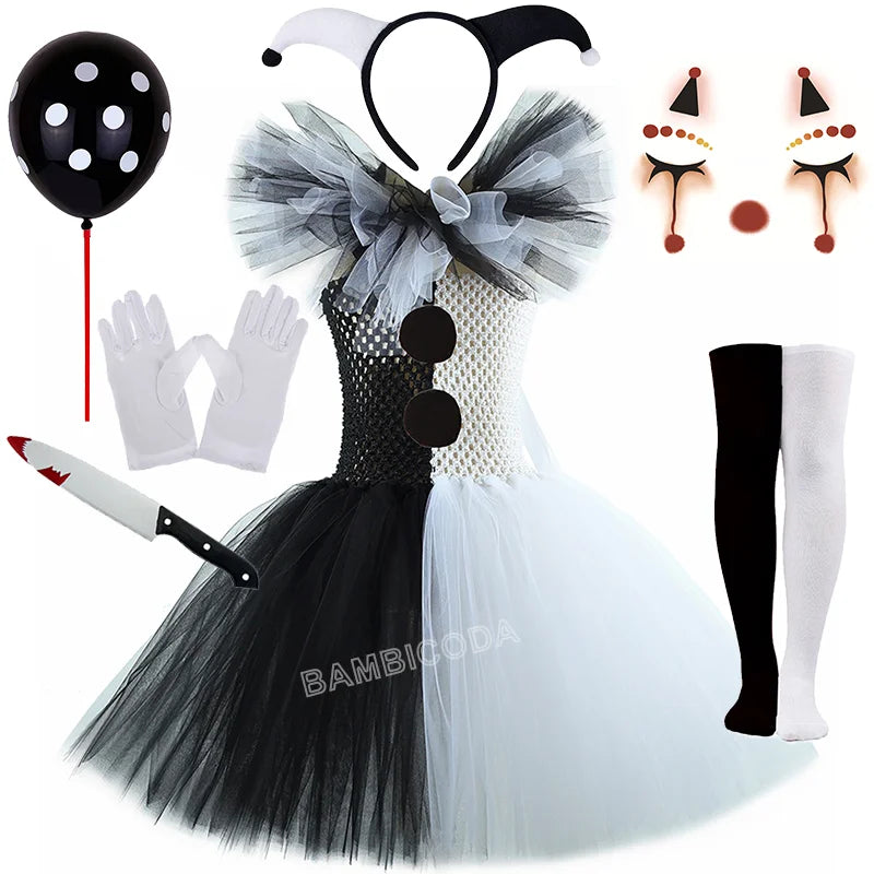 Girls Black White Horror Clown Tutu Dress Costume