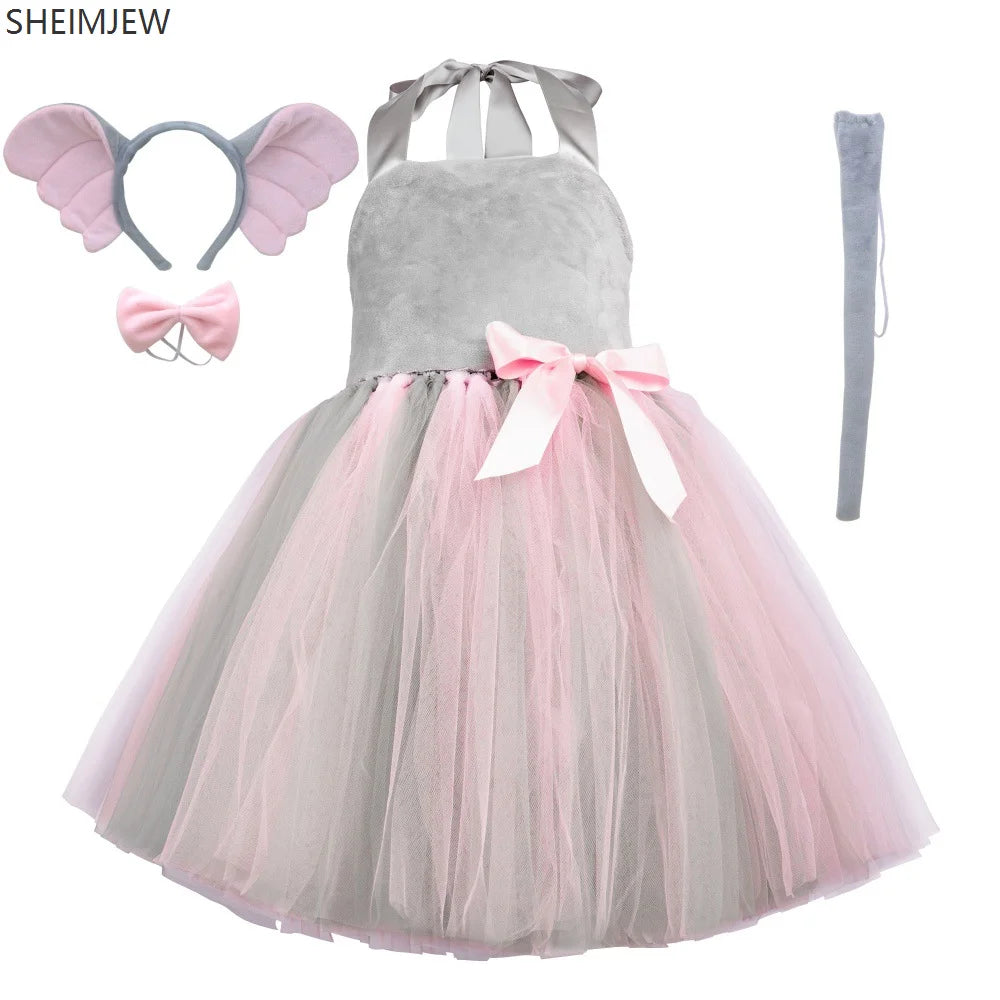 Cute Girls Jungle Theme Animal Costume Elephant Zebra Gray Wolf Suit Dress Halloween Baby Birthday Party Gorgeous Princess Gift