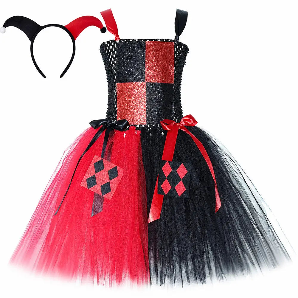 Girls Red Black Clown Costume Tulle Tutu Dress