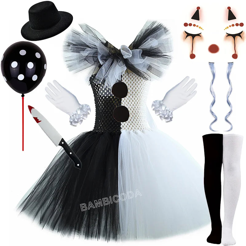 Girls Black White Horror Clown Tutu Dress Costume