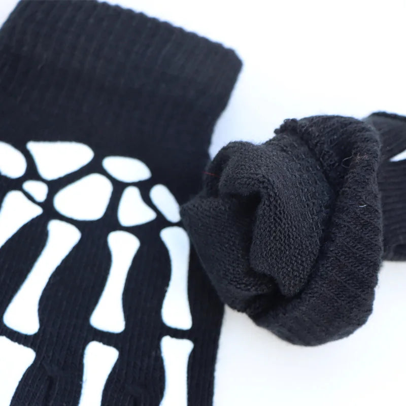 Halloween Skeleton Skull Half Finger Luminous  Fingerless Stretch Knitted Gloves Skull Fingerless Black Mitten
