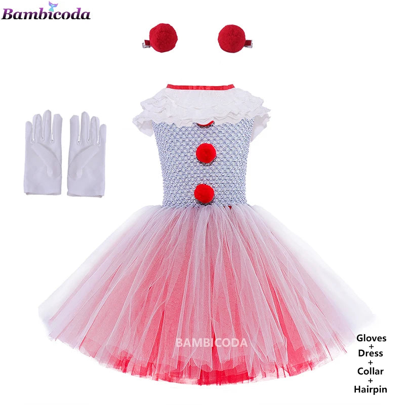 Girls Gray Clown Tutu Dress Halloween Costume
