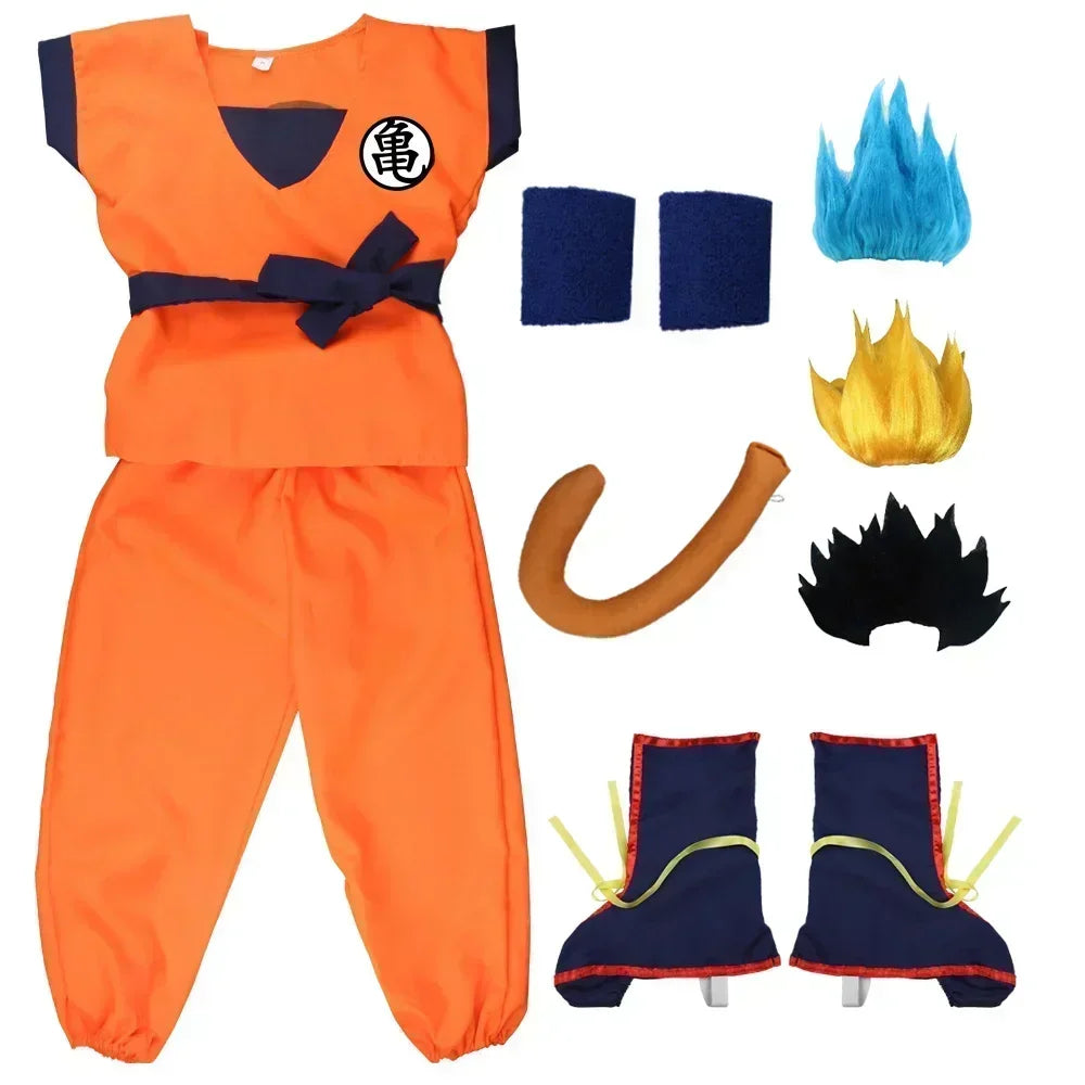 Blue Gold Anime-Inspired Martial Arts Costume with Wig & Tail
