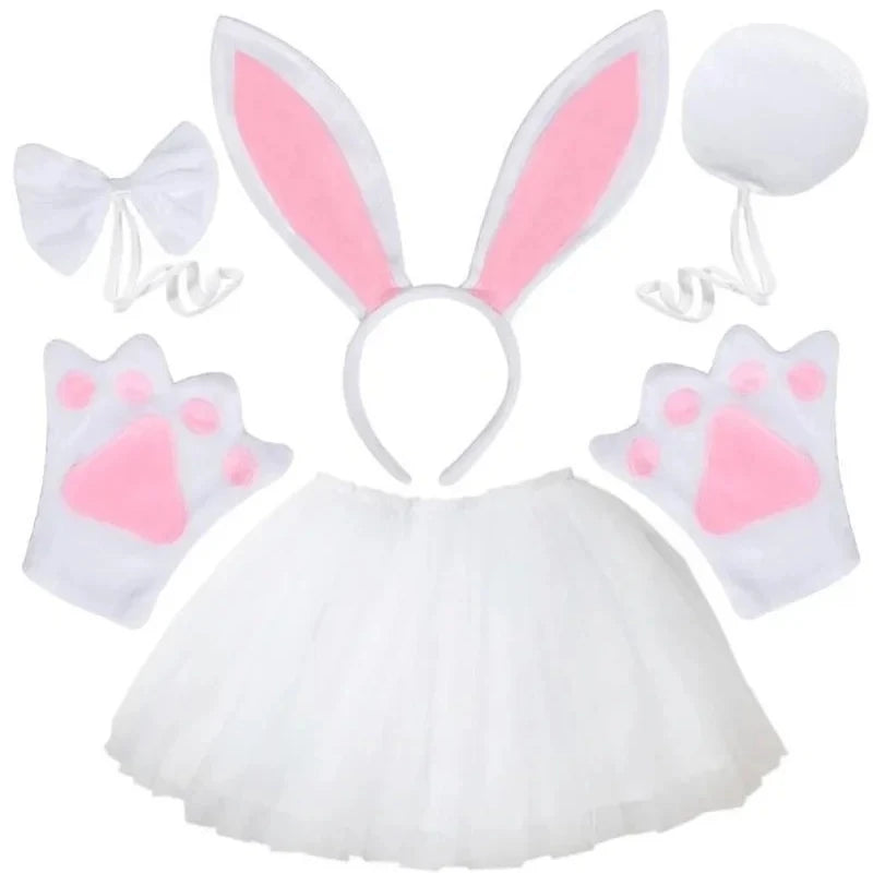Women Girls Plush Animal Easter Bunny Ear Headband Tail Bow Skirt Birthday Party Baby Shower Halloween Rabbit Cosplay Costume