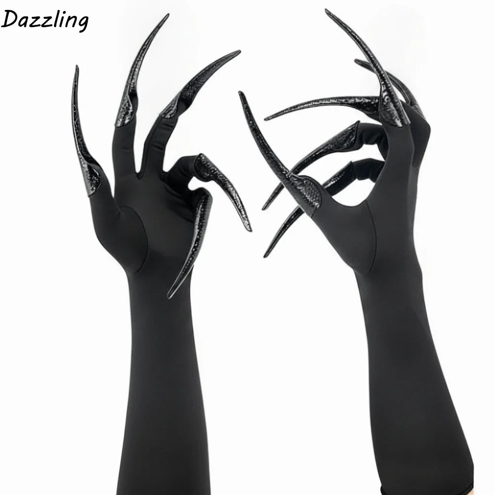 Gothic Black Long Gloves with Detachable Claw Nails