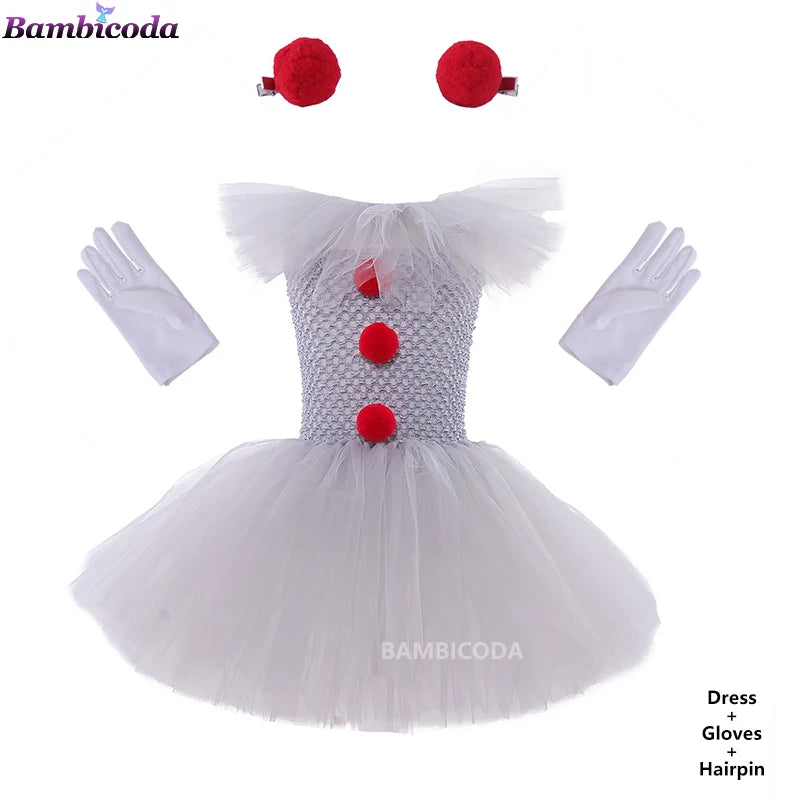 Girls Gray Clown Tutu Dress Halloween Costume