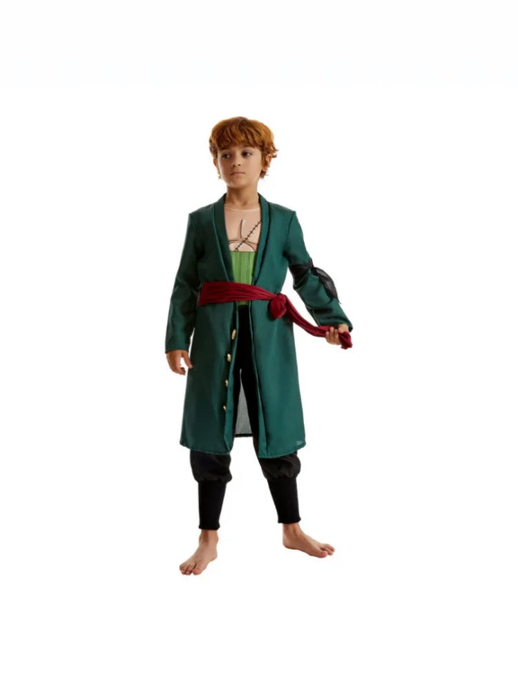 Men’s Green Anime-Inspired Cosplay Coat Pants Set