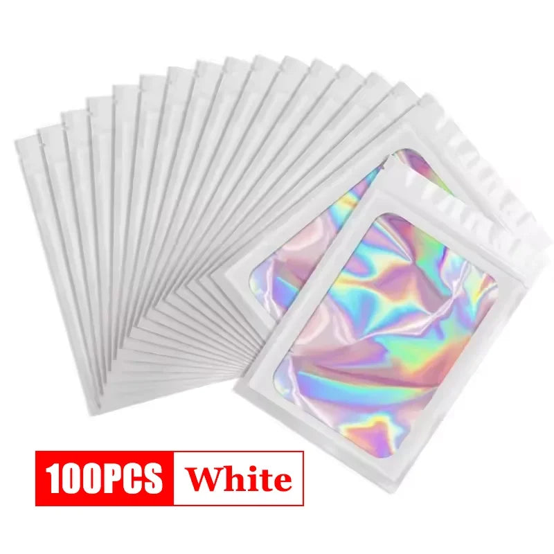 500Pcs Holographic Ziplock Bags Plastic Laser Iridescent Zip Bags for Manicure Eyelash Display Earrings Ring Jewelry Storage Bag