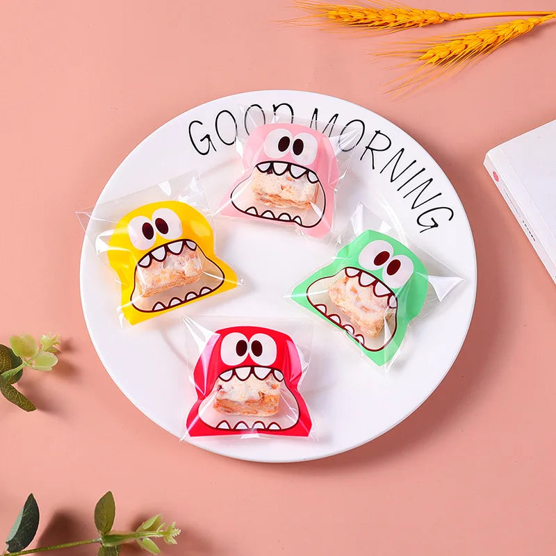100pcs Cookie Candy Bag Cute Cartoon Self-adhesive Plastic Packing Bag For Biscuit Gift Food Packing, Baking Package
