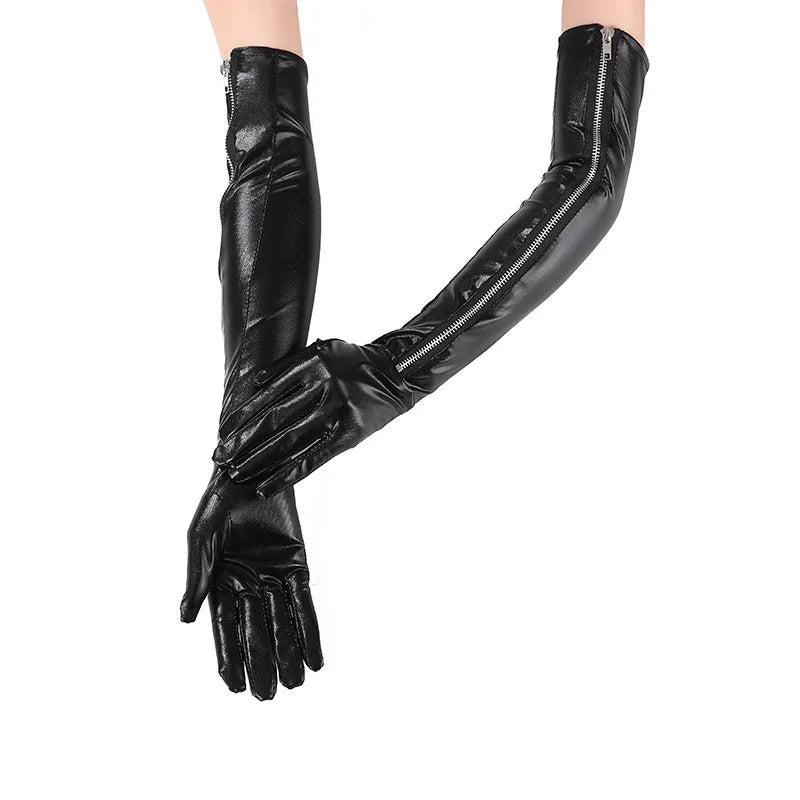 50cm Fashion Sexy Patent Leather Zipper Black Elbow Long Gloves Pole Dance Stage Performance Halloween Cosplay Women Gloves