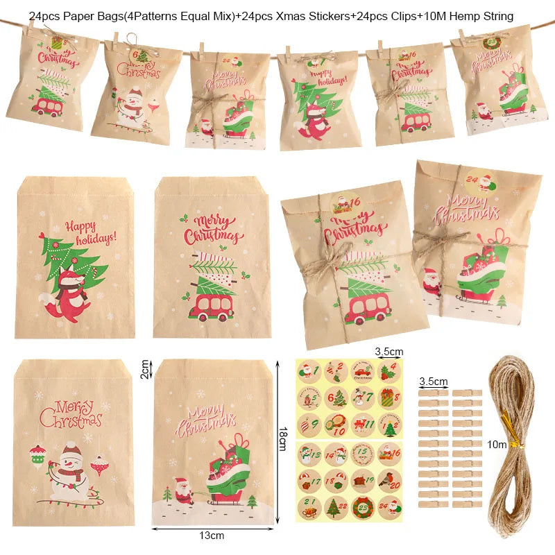24Sets Merry Christmas Gift Bags Retro Santa Claus Fox Kraft Paper Bags with Stickers Xmas Party Favor Bags DIY Advent Calendar
