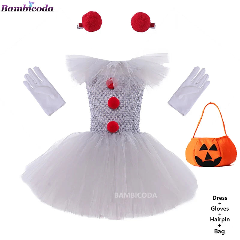 Girls Gray Clown Tutu Dress Halloween Costume