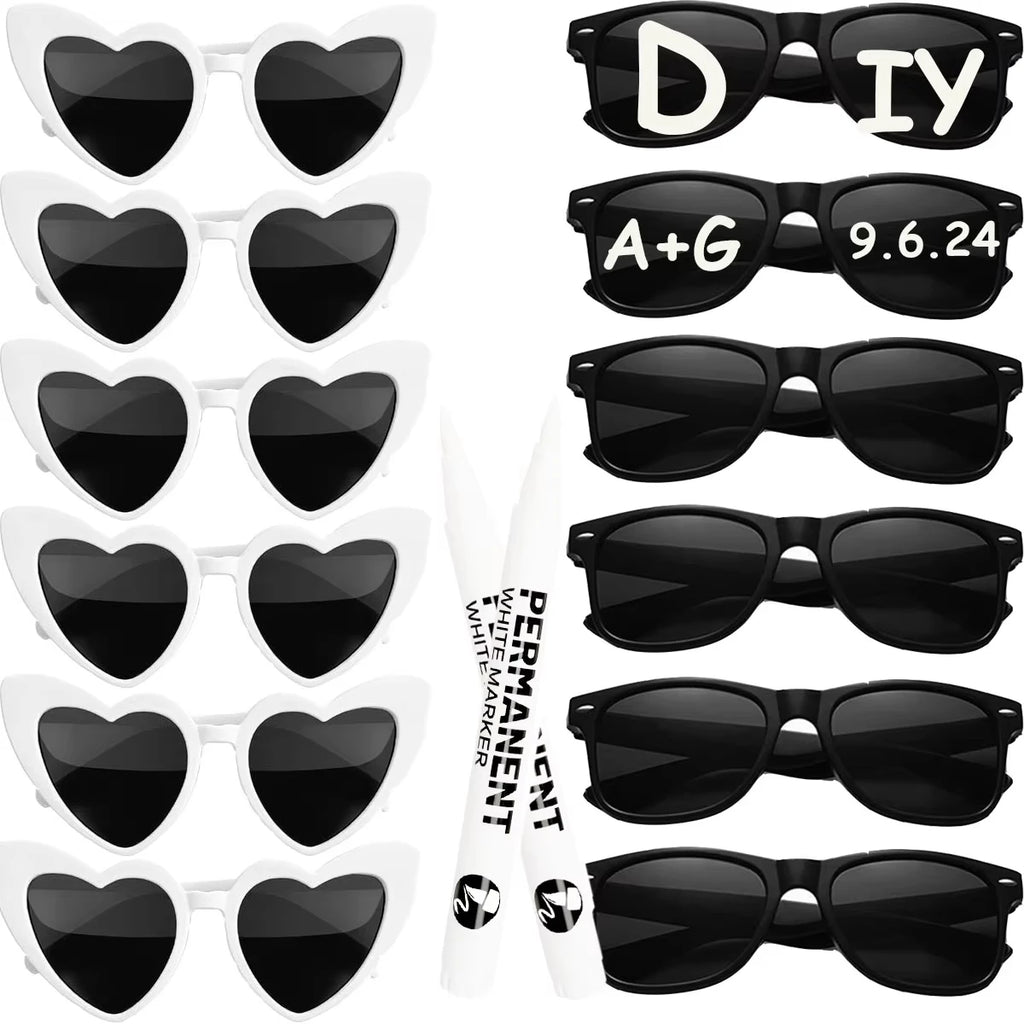 12-120Pcs Wedding Heart Sunglasses with Pen Personalised Heart Glasses Bachelorette Party Sunglasses for Wedding Party Favors