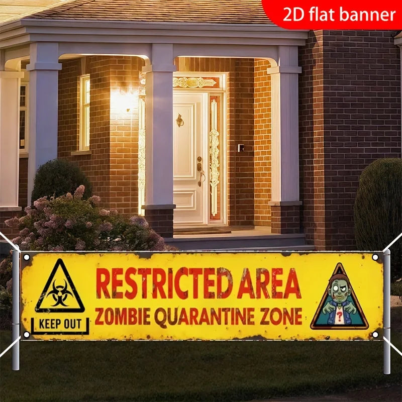 One 2D flat banner for Halloween decoration, "Restricted Area Zombie Isolation Zone" with warning signs