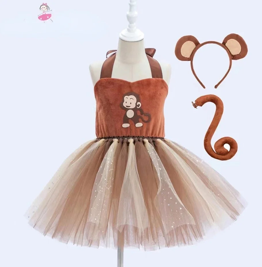Baby Girls Halloween Animal Cosplay Costume Kids Forest Theme Giraffe Cows Tiger Leopard Zebra Print Tutu Dress Birthday Party