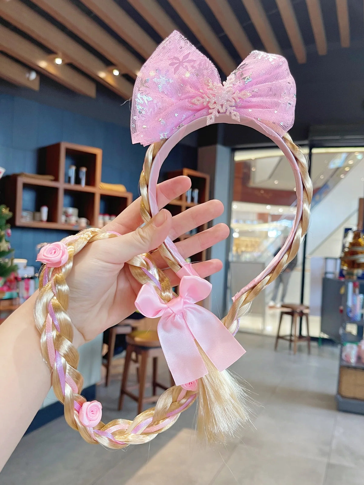 Princess Crown Headband with Braided Wig and Bow for Girls