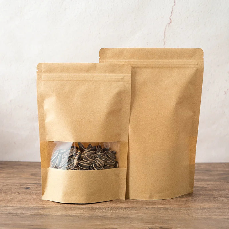 10pcs Packing Zip Lock Kraft Paper Window Bag Stand Up Gift Dried Food Fruit Tea Packaging Pouches Zipper Self Sealing Bags