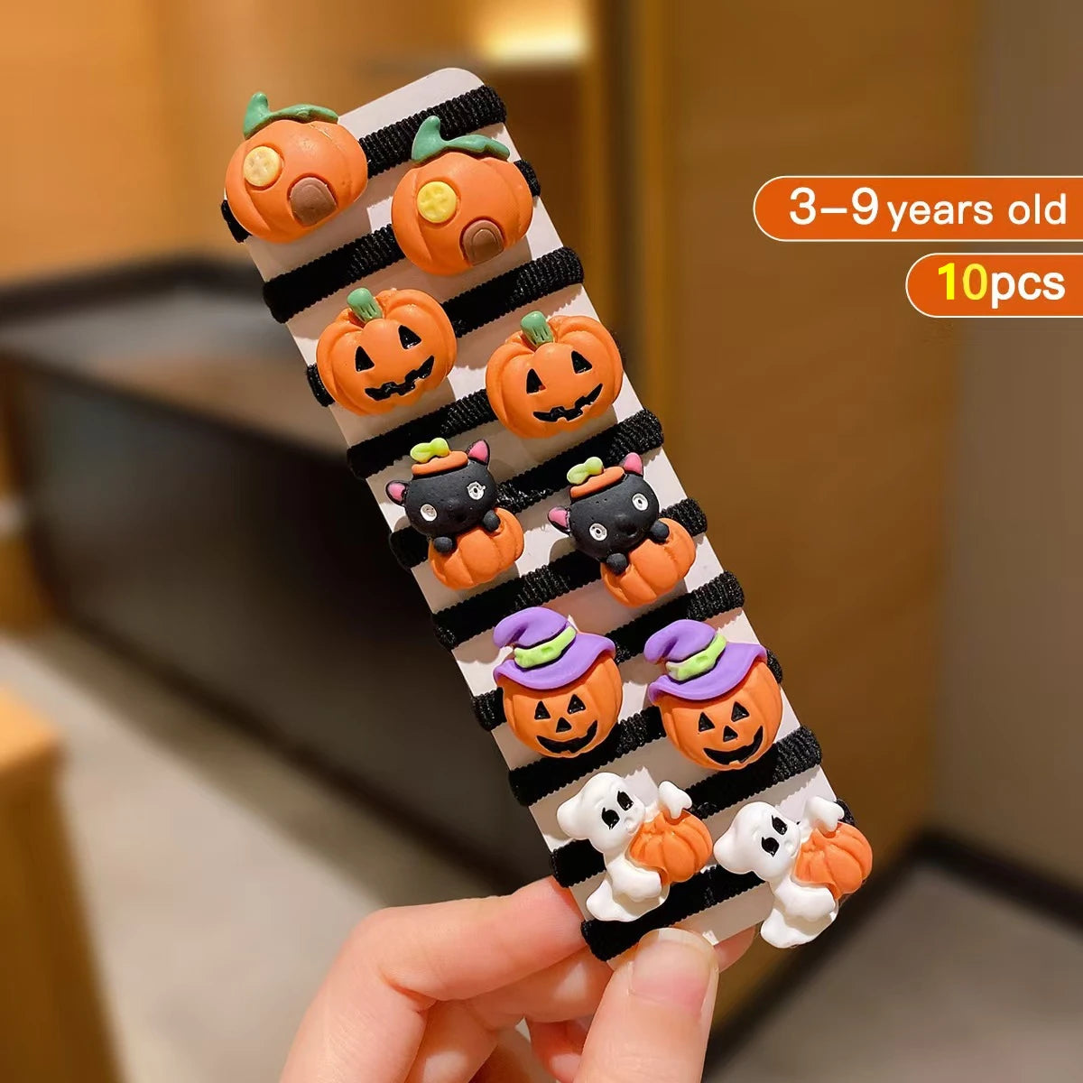 10Pcs Children's Girls' Halloween Hair Ring - Funny Pumpkin and Ghost and Bat Cat Design Suitable for Halloween Gifts for Girls