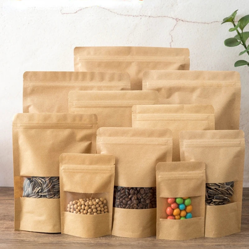 10pcs Packing Zip Lock Kraft Paper Window Bag Stand Up Gift Dried Food Fruit Tea Packaging Pouches Zipper Self Sealing Bags